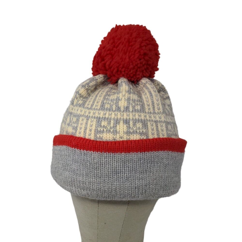 KiPi of Maine Beanie Hat Pom Pom Gray Red Warm Soft Made in USA